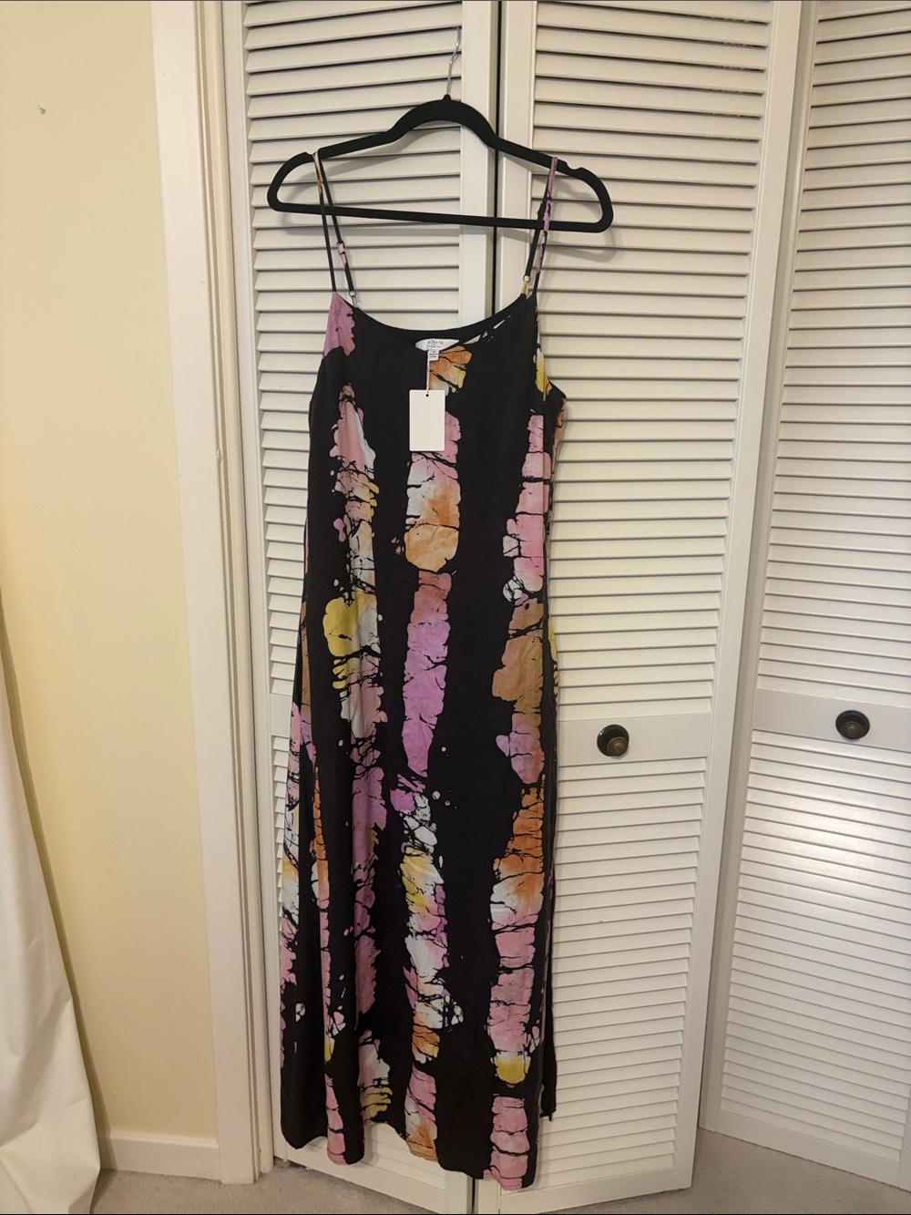 Women’s Black Tie-Dye Slip Maxi Dress with Pink & Yellow Accents